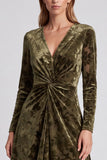 Burnout Velvet Olive Long Sleeve Ruched V-Neck A Line Formal Dress