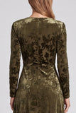 Burnout Velvet Olive Long Sleeve Ruched V-Neck A Line Formal Dress