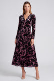 Black Pink Flower Burnout Velvet Long Sleeve A Line Wedding Guest Dress