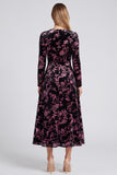 Black Pink Flower Burnout Velvet Long Sleeve A Line Wedding Guest Dress