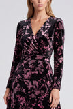 Black Pink Flower Burnout Velvet Long Sleeve A Line Wedding Guest Dress