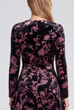 Black Pink Flower Burnout Velvet Long Sleeve A Line Wedding Guest Dress