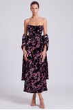 Black Pink Floral Corset Strapless Midi Wedding Guest Dress with Shawl