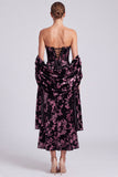 Black Pink Floral Corset Strapless Midi Wedding Guest Dress with Shawl