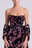 Black Pink Floral Corset Strapless Midi Wedding Guest Dress with Shawl