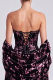Black Pink Floral Corset Strapless Midi Wedding Guest Dress with Shawl