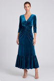 Peacock Blue V-Neck Ruched Velvet Formal Dress with 3/4 Sleeves