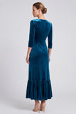 Peacock Blue V-Neck Ruched Velvet Formal Dress with 3/4 Sleeves