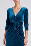 Peacock Blue V-Neck Ruched Velvet Formal Dress with 3/4 Sleeves