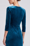 Peacock Blue V-Neck Ruched Velvet Formal Dress with 3/4 Sleeves
