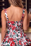 Red Flower Jacquard Corset A Line Tiered Ruffle Short Homecoming Dress