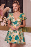 Floral Pink Jacquard A Line V Neck Short Homecoming Dress with Puff Sleeves