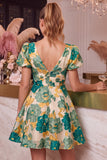 Floral Pink Jacquard A Line V Neck Short Homecoming Dress with Puff Sleeves