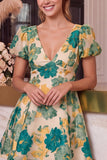 Floral Pink Jacquard A Line V Neck Short Homecoming Dress with Puff Sleeves