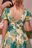 Floral Pink Jacquard A Line V Neck Short Homecoming Dress with Puff Sleeves
