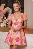 Floral Pink Jacquard A Line V Neck Short Homecoming Dress with Puff Sleeves