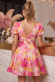 Floral Pink Jacquard A Line V Neck Short Homecoming Dress with Puff Sleeves