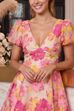 Floral Pink Jacquard A Line V Neck Short Homecoming Dress with Puff Sleeves