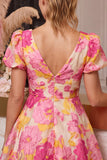Floral Pink Jacquard A Line V Neck Short Homecoming Dress with Puff Sleeves