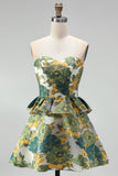 Pink Floral Jacquard A Line Strapless Homecoming Dress