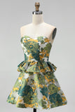 Pink Floral Jacquard A Line Strapless Homecoming Dress
