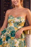 Pink Floral Jacquard A Line Strapless Homecoming Dress