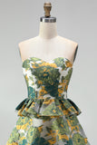 Pink Floral Jacquard A Line Strapless Homecoming Dress