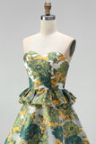 Pink Floral Jacquard A Line Strapless Homecoming Dress