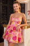 Pink Floral Jacquard A Line Strapless Homecoming Dress