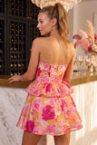 Pink Floral Jacquard A Line Strapless Homecoming Dress