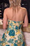 Strapless Green Floral Jacquard Corset A Line Homecoming Dress with Slit