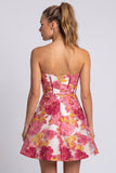 Strapless Green Floral Jacquard Corset A Line Homecoming Dress with Slit