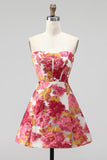 Strapless Green Floral Jacquard Corset A Line Homecoming Dress with Slit