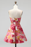 Strapless Green Floral Jacquard Corset A Line Homecoming Dress with Slit