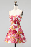 Strapless Green Floral Jacquard Corset A Line Homecoming Dress with Slit