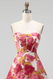 Strapless Green Floral Jacquard Corset A Line Homecoming Dress with Slit