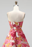 Strapless Green Floral Jacquard Corset A Line Homecoming Dress with Slit