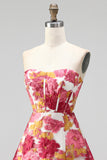 Strapless Green Floral Jacquard Corset A Line Homecoming Dress with Slit