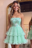 Mint Green Sequin Strapless Tiered A Line Homecoming Dress