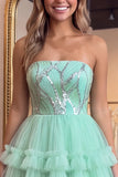 Mint Green Sequin Strapless Tiered A Line Homecoming Dress