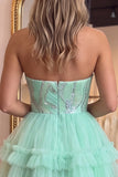 Mint Green Sequin Strapless Tiered A Line Homecoming Dress