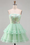 Mint Green Sequin Strapless Tiered A Line Homecoming Dress