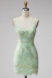Green Sequin Spaghetti Straps Bodycon Homecoming Dress with Slit