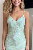 Green Sequin Spaghetti Straps Bodycon Homecoming Dress with Slit