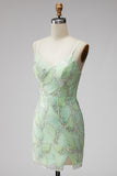 Green Sequin Spaghetti Straps Bodycon Homecoming Dress with Slit