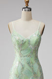 Green Sequin Spaghetti Straps Bodycon Homecoming Dress with Slit