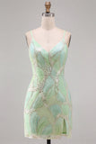 Green Sequin Spaghetti Straps Bodycon Homecoming Dress with Slit
