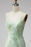 Green Sequin Spaghetti Straps Bodycon Homecoming Dress with Slit