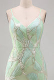 Green Sequin Spaghetti Straps Bodycon Homecoming Dress with Slit