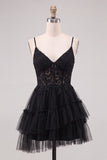 Black Corset Applique Lace A Line Short Homecoming Dress